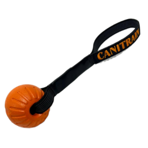 Jouet de motivation pour chien Canitrain fabriqué dans le Tarn : Balle EVA aimantable à sangle noire diamètre 7cm