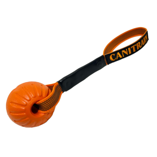Jouet de motivation pour chien Canitrain fabriqué dans le Tarn : Balle EVA aimantable à sangle orange diamètre 7cm